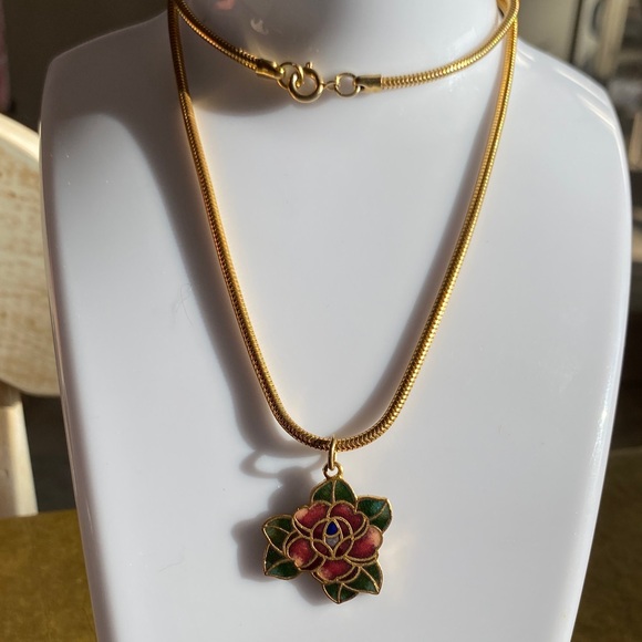 Vintage Jewelry - Vintage Gold Floral Enamel Necklace with Pink and Green Accents